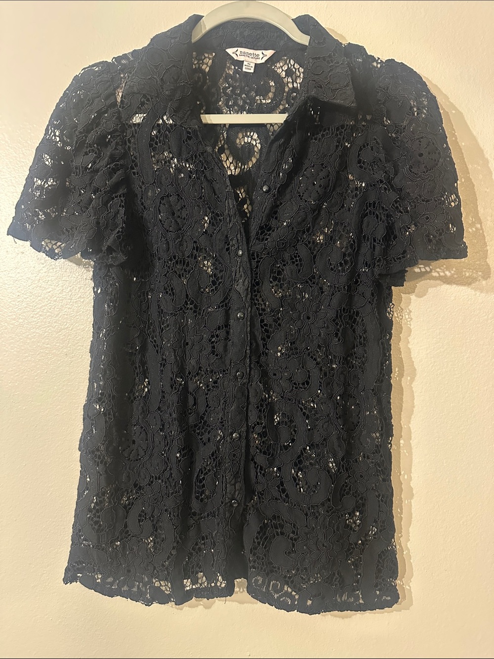 nanette nanette lepore Black Lace Button-Down Shirt Sz M
